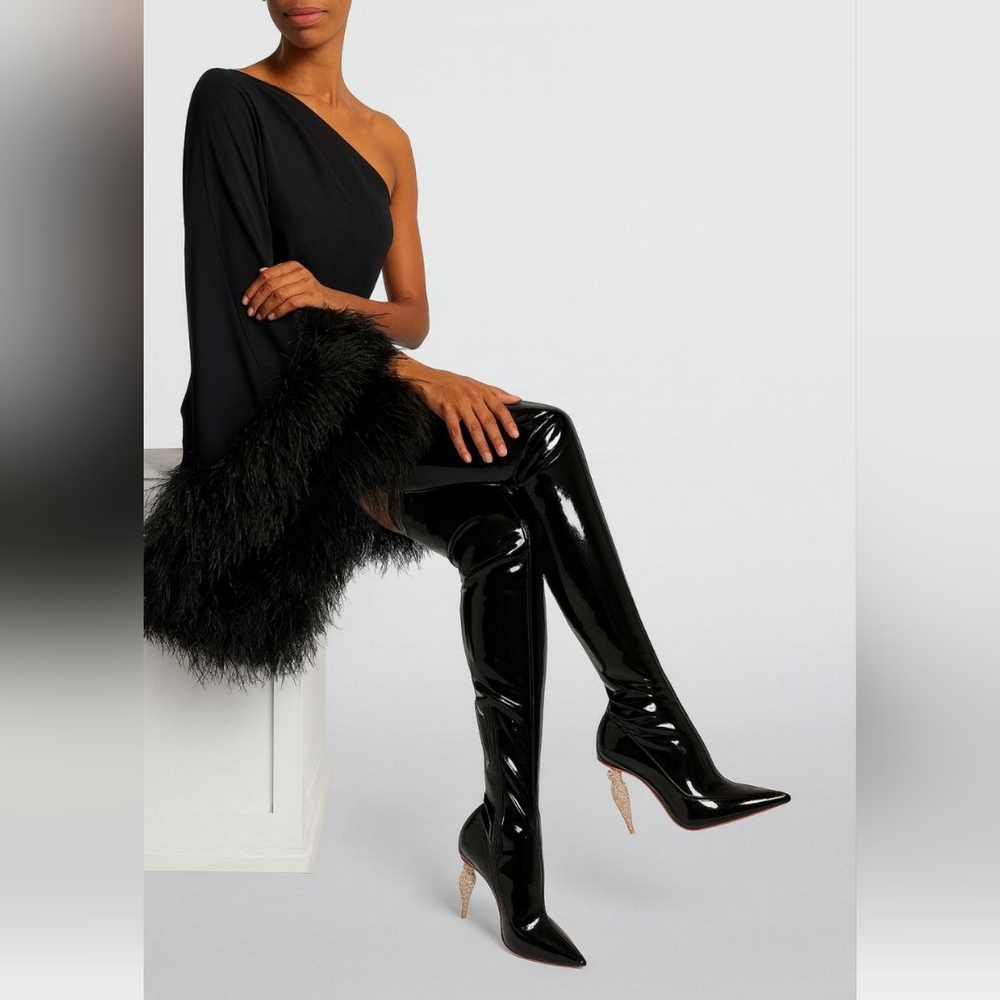 Christian Louboutin Black Lipstrass Botta Alta Patent Leather Thigh Boots 100